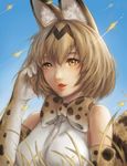 animal_ears blush bow bowtie breasts brown_gloves brown_hair brown_neckwear day elbow_gloves eyebrows_visible_through_hair gloves highres kemono_friends large_breasts looking_at_viewer open_mouth orange_eyes outdoors realistic serval_(kemono_friends) serval_ears short_hair sky sleeveless smile solo upper_body white_gloves yoon_(jonatham) 