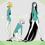  absurdly_long_hair androgynous black_eyes black_footwear black_hair blonde_hair bort cojimama dated diamond_(houseki_no_kuni) houseki_no_kuni long_hair multicolored_hair multiple_others parody perfume short_hair signature smile socks sparkle very_long_hair yellow_diamond_(houseki_no_kuni) yellow_eyes 