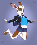  anthro blue_eyes claws clothed clothing female hoodie jewelry jumping kacey lagomorph leaping looking_at_viewer mammal navel necklace open_mouth open_smile outstretched_arms plantigrade rabbit smile solo teeth toe_claws 