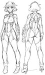  1girl ass bodysuit breasts character_sheet femme_(taimanin_asagi) full_body lilith-soft looking_at_viewer medium_breasts monochrome nipples short_hair simple_background sketch smile solo standing taimanin_(series) taimanin_asagi taimanin_asagi_battle_arena thong white_background zol 