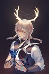  antlers bangs black_background blue_butterfly bug butterfly closed_mouth commentary commission constellation crescent_moon fuwaffy gradient gradient_background grey_hair hair_between_eyes highres insect lips long_hair long_sleeves male_focus moon nose original solo ven_(hamsphrey) 