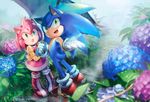  2017 amy_rose anthro black_nose blue_fur blue_hair boots clothing dress duo eyelashes female footwear fur gloves green_eyes hair hairband hedgehog invalid_tag legwear m_(artist) male mammal open_mouth outside pink_fur pink_hair plant raining shoes short_hair signature sneakers socks sonamy sonic_(series) sonic_the_hedgehog umbrella video_games wet 