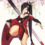  1girl bare_shoulders black-framed_eyewear black_hair blazblue bra breasts china_dress chinese_clothes cleavage cowboy_shot dress fighting_stance glasses hair_ornament hyakuhachi_(over3) lao_jiu large_breasts leg_up litchi_faye_ling long_hair long_sleeves looking_at_viewer plant polearm ponytail red_eyes smile solo staff standing_on_one_leg thighs under-rim_eyewear very_long_hair vines weapon 