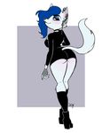  2017 anthro black_lipstick blue_hair blush boots butt butt_pose canine chelsea_(pearlhead) choker clothed clothing ear_clip ear_piercing eyeshadow female fishnet_gloves footwear goth hair hair_over_eye iseenudepeople looking_back makeup mammal piercing raised_tail simple_background solo wolf 