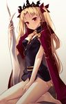  :o bangs bare_legs barefoot between_breasts blonde_hair blush breasts buckle cape covered_nipples earrings ereshkigal_(fate/grand_order) fate/grand_order fate_(series) gradient gradient_background grey_background groin hair_ribbon holding holding_weapon jewelry kneeling long_hair looking_at_viewer md5_mismatch parted_bangs parted_lips polearm red_cape red_eyes revision ribbon skull small_breasts solo spear tiara two_side_up very_long_hair weapon white_background zen_o 