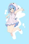  absurdres aoi_tori armpits barefoot blue_eyes blue_hair dress eyebrows_visible_through_hair highres hood jumping open_mouth original outstretched_arms personification short_dress short_hair sleeveless sleeveless_dress smile solo teru-chan_(aoi_tori) teruterubouzu white_dress 