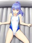  alternate_costume alternate_hairstyle bare_shoulders blue_hair collarbone competition_swimsuit cowboy_shot eyebrows_visible_through_hair hinanawi_tenshi inflatable_raft isaki_(gomi) long_hair lying on_back one-piece_swimsuit parted_lips ponytail red_eyes smile soapland solo swimsuit touhou white_swimsuit 