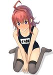  ahoge arashi_(kantai_collection) blush collarbone commentary_request cosplay grey_legwear highres i-400_(kantai_collection) i-400_(kantai_collection)_(cosplay) kantai_collection masukuza_j medium_hair name_tag one-piece_swimsuit purple_eyes red_hair school_swimsuit simple_background sitting solo swimsuit thighhighs wariza white_background 