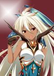  ahoge armor armored_dress ayasato_karen brown_eyes dark_skin dragon dragon_on_shoulder gloves granblue_fantasy highres long_hair looking_at_viewer open_mouth solo white_hair zooey_(granblue_fantasy) 