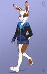  anthro blue_eyes claws clothed clothing female hand_in_pocket hoodie jewelry kacey lagomorph looking_at_viewer mammal necklace open_mouth open_smile plantigrade rabbit smile solo teeth toe_claws walking 