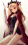  :o bangs bare_legs barefoot between_breasts blonde_hair blush breasts buckle cape covered_nipples earrings ereshkigal_(fate/grand_order) fate/grand_order fate_(series) gradient gradient_background grey_background groin hair_ribbon holding holding_weapon jewelry kneeling long_hair looking_at_viewer md5_mismatch parted_bangs parted_lips polearm red_cape red_eyes ribbon skull small_breasts solo spear tiara two_side_up very_long_hair weapon white_background zen_o 