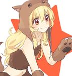  aikatsu! aikatsu!_(series) animal_costume animal_ears animal_hat bare_shoulders blonde_hair blush brown_eyes costume eyebrows_visible_through_hair fake_animal_ears fake_tail fang gloves hair_between_eyes hat hoshimiya_ichigo linaria_(ookinahitomi) long_hair midriff navel paw_gloves paws simple_background smile solo star starry_background tail two-tone_background upper_body wolf_costume wolf_ears wolf_tail 