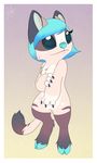  2017 alien black_claws blue_eyes border cheek_tuft chest_tuft claws cyan_hair cyan_nose dawn_(solosandwich) digital_media_(artwork) dipstick_tail disney experiment_(species) eyelashes fan_character female freckles fur hi_res holding_arm hooves horn inner_ear_fluff lilo_and_stitch markings mixed_media multicolored_tail signature smile socks_(marking) solo specky-arts standing tan_fur tuft white_border 