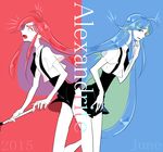  alexandrite_(houseki_no_kuni) androgynous black_neckwear blue_eyes blue_hair cojimama dated dual_persona gem_uniform_(houseki_no_kuni) houseki_no_kuni long_hair multiple_others nail_polish necktie red_eyes red_hair shirt short_sleeves shorts suspender_shorts suspenders white_shirt 