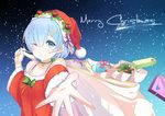  aiqing bell blue_eyes blue_hair blush breasts christmas cleavage closed_mouth collarbone eyebrows gift hair_ornament hat highres large_breasts looking_at_viewer merry_christmas one_eye_closed re:zero_kara_hajimeru_isekai_seikatsu red_hat rem_(re:zero) santa_costume santa_hat short_hair smile solo x_hair_ornament 