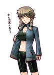  amane_suzuha bike_shorts braid breasts brown_hair cleavage commentary_request jacket large_breasts misonou_hirokichi solo steins;gate track_jacket translation_request twin_braids 
