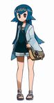  1girl bag bare_legs blue_eyes blue_hair blue_shirt hair_ornament headband jacket long_hair long_sleeves mabu_(dorisuto) matching_hair/eyes older open_toe_shoes pokemon pokemon_sm purse sandals shirt shorts shoulder_bag simple_background smile solo standing suiren_(pokemon) teenage toes trial_captain white_background 