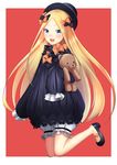  abigail_williams_(fate/grand_order) bangs black_bow black_dress black_footwear black_hat blonde_hair bloomers blush bow dearonnus dress fate/grand_order fate_(series) full_body hair_bow hat highres holding holding_stuffed_animal jumping long_hair long_sleeves looking_at_viewer object_hug orange_bow parted_bangs red_background sleeves_past_wrists smile stuffed_animal stuffed_toy teddy_bear underwear white_bloomers 