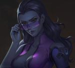  adjusting_eyewear bodysuit hair_down highres long_hair overwatch pink_bodysuit purple_skin realistic renyu1012 solo sunglasses upper_body widowmaker_(overwatch) 