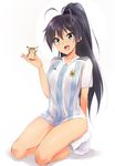  2018_fifa_world_cup :d animal antenna_hair argentina argentinian_flag arm_behind_back black_hair blue_eyes breasts collarbone eyebrows_visible_through_hair fang ganaha_hibiki hair_between_eyes hamster hamuzou hand_up highres idolmaster idolmaster_(classic) kaiga kneeling long_hair looking_at_viewer medium_breasts no_pants open_mouth ponytail russian_flag shadow simple_background smile soccer soccer_uniform socks solo sportswear white_legwear world_cup 