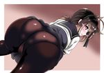  aka_kitsune ass blush bow brown_hair gusset hair_bow hatsuzuki_(kantai_collection) kantai_collection looking_back open_mouth panties panties_under_pantyhose pantyhose short_hair skirt solo trefoil underwear yellow_eyes 