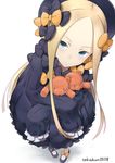  abigail_williams_(fate/grand_order) absurdres artist_name bangs black_bow black_dress black_hat blonde_hair blue_eyes bow bug butterfly closed_mouth commentary_request dress fate/grand_order fate_(series) from_above hair_bow hat head_tilt highres insect long_hair long_sleeves looking_at_viewer mary_janes object_hug orange_bow parted_bangs polka_dot polka_dot_bow purple_footwear shoes simple_background sleeves_past_fingers sleeves_past_wrists solo standing stuffed_animal stuffed_toy takahan teddy_bear very_long_hair white_background 