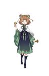  beatrice_(princess_principal) black_footwear bow brown_eyes brown_hair capelet double_bun full_body green_bow green_neckwear green_skirt hair_ornament handbell highres kneehighs looking_at_viewer makaria navy_blue_legwear official_art princess_principal princess_principal_game_of_mission shoes short_hair skirt smile solo standing transparent_background white_capelet wide_sleeves 