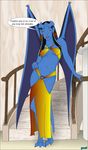  blue_skin clothed clothing dialogue disney dress fab3716 female french_text gargoyles hand_on_hip nipple_bulge obsidiana skimpy solo speech_bubble stairs standing text translated 