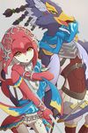  1girl aisawa_natsu bird blush fins fish_girl green_eyes hair_ornament highres jewelry long_hair mipha monster_girl multicolored multicolored_skin no_eyebrows red_hair red_skin revali rito smile the_legend_of_zelda the_legend_of_zelda:_breath_of_the_wild yellow_eyes zora 