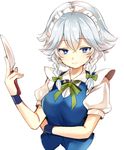  blue_eyes braid closed_mouth commentary_request green_ribbon izayoi_sakuya knife light_smile maid_headdress paragasu_(parags112) puffy_short_sleeves puffy_sleeves ribbon short_hair short_sleeves silver_hair solo touhou twin_braids white_background wrist_cuffs 