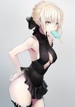  armpits artoria_pendragon_(all) artoria_pendragon_(swimsuit_rider_alter) bare_arms bare_shoulders black_bow black_dress blonde_hair bow braid breasts commentary_request cowboy_shot dress eyebrows_visible_through_hair eyes_visible_through_hair fate/grand_order fate_(series) food food_in_mouth grey_background hair_between_eyes hair_bow hair_bun hands_on_hips highres impossible_clothes looking_at_viewer medium_breasts mouth_hold popsicle simple_background solo standing taishi_(picchiridou) thighhighs yellow_eyes 