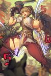  blonde_hair blush commentary_request gloves goblin hammer highres long_hair melon22 open_mouth polearm ponytail red_eyes shield shirt short_sleeves spear swordsman_(tree_of_savior) torn_clothes torn_shirt tree_of_savior weapon 