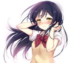  arms_up black_hair blush bow bowtie closed_mouth embarrassed floating_hair long_hair looking_to_the_side love_live! love_live!_school_idol_project nose_blush otonokizaka_school_uniform paragasu_(parags112) purple_hair red_bow school_uniform solo sonoda_umi striped striped_bow upper_body very_long_hair vest white_background wind yellow_eyes 