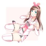  :d a.i._channel bare_shoulders black_ribbon blush bow breasts brown_hair commentary_request detached_sleeves double_v eyebrows_visible_through_hair green_eyes hair_bow hairband hands_up highres kizuna_ai long_hair long_sleeves looking_at_viewer medium_breasts neck_ribbon open_mouth parted_lips pink_background pink_bow pink_shirt pink_shorts ribbon school_uniform serafuku shirt short_shorts shorts simple_background sitting sleeveless sleeveless_shirt smile solo thighhighs v virtual_youtuber yuuji_(and) 