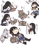  :d animal betchan black_hair black_legwear blue_sailor_collar blue_skirt cat closed_eyes commentary_request hair_ribbon isokaze_(kantai_collection) kantai_collection long_hair long_sleeves neckerchief open_mouth pleated_skirt red_eyes red_ribbon ribbon sailor_collar school_uniform serafuku skirt smile speech_bubble thighhighs translation_request tress_ribbon v-shaped_eyebrows yellow_neckwear 