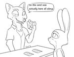  2016 anthro black_and_white canine card clothed clothing dialogue disney duo english_text female fox half-closed_eyes holding_object judy_hopps lagomorph male mammal monochrome nick_wilde open_mouth open_smile playing_card rabbit signature simple_background smile table text tggeko white_background zootopia 