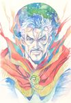  agahari brown_eyes calligraphy_brush_(medium) cape closed_mouth colored_pencil_(medium) doctor_strange eye_of_agamotto facial_hair highres looking_at_viewer male_focus marvel mustache red_cape solo traditional_media upper_body white_hair 