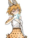  animal_ear_fluff animal_ears arm_at_side bare_shoulders blonde_hair breasts claws cleavage collared_shirt cross-laced_clothes dress_shirt dulldull elbow_gloves extra_ears eyebrows_visible_through_hair gloves glowing glowing_hand half-closed_eyes hand_up high-waist_skirt highres kemono_friends large_breasts looking_at_viewer multicolored_hair no_bra open_clothes open_shirt partially_unbuttoned print_gloves print_skirt red_eyes serious serval_(kemono_friends) serval_ears serval_girl serval_print shirt shirt_tucked_in simple_background skirt sleeveless sleeveless_shirt solo two-tone_hair white_background white_shirt wing_collar 