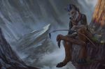  anthro avian bird bow_(weapon) canine claws cliff clothed clothing fox hybrid latex_(artist) male mammal mountain outside ranged_weapon sitting solo toe_claws weapon wolf 