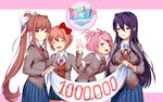  :d arm_up bangs banner blazer blue_eyes blue_skirt blush bow breasts brown_hair closed_eyes closed_mouth collared_shirt commentary copyright_name cowboy_shot doki_doki_literature_club english_commentary eyebrows_visible_through_hair facing_viewer fang green_eyes grey_jacket hair_bow hair_ornament happy hits holding holding_paintbrush jacket large_breasts leaning_forward locked_arms long_hair long_sleeves looking_at_viewer medium_breasts monika_(doki_doki_literature_club) multiple_girls natsuki_(doki_doki_literature_club) neck_ribbon official_art one_eye_closed open_blazer open_clothes open_jacket open_mouth paintbrush pink_eyes pink_hair pleated_skirt ponytail purple_eyes purple_hair red_bow red_neckwear red_ribbon ribbon round_teeth satchely sayori_(doki_doki_literature_club) school_uniform shirt short_hair sidelocks simple_background skirt small_breasts smile standing tareme teeth two_side_up unbuttoned v very_long_hair white_background white_bow white_shirt wing_collar yuri_(doki_doki_literature_club) 
