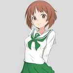  arms_behind_back brown_eyes brown_hair commentary girls_und_panzer green_neckwear green_skirt grey_background neckerchief nishizumi_miho ooarai_school_uniform riruhasu_(sesu_n) school_uniform serafuku short_hair skirt smile solo 