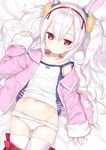  animal_ears azur_lane bed_sheet blush bunny_ears cameltoe camisole capriccio collarbone fake_animal_ears flat_chest from_above groin hair_between_eyes hairband hand_up headgear jacket jitome laffey_(azur_lane) long_hair long_sleeves looking_at_viewer lying navel on_back on_bed open_clothes open_jacket panties panty_pull parted_lips pink_jacket pocket red_eyes red_hairband red_skirt skirt skirt_pull sleeves_past_wrists solo strap_slip thigh_gap thighhighs twintails underwear unzipped white_legwear white_panties zipper 