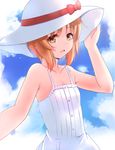  alternate_costume bare_shoulders blue_sky breasts brown_eyes brown_hair cleavage cloud commentary_request cowboy_shot day girls_und_panzer girls_und_panzer_ribbon_no_musha hand_on_headwear hat kurose_yuuki looking_at_viewer nishizumi_miho sky small_breasts solo sun_hat 