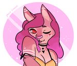  2017 breasts cervine colab deer draco-canine female fur hair hybrid mammal markings peach_ring pink_hair pink_nose red_eyes tan_fur tan_skin tongue tongue_out 