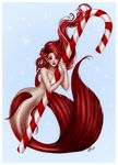  candy candy_cane christmas colored_nails female fin fish_tail food hair holidays marine merfolk nude pointy_ears red_eyes red_hair red_nails red_theme sammiegscribbles scales simple_background smile solo 