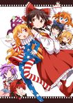  american_flag_dress american_flag_legwear animal_ears arm_up back-to-back black_hair blonde_hair blue_eyes blue_shirt boots bow braid brown_eyes brown_hair cat_ears closed_eyes clownpiece commentary_request crossed_arms curly_hair detached_sleeves dress fairy_wings fang hair_bow hairband hakurei_reimu hand_on_hip hand_to_own_mouth harusame_(unmei_no_ikasumi) hat jester_cap kaenbyou_rin komeiji_satori long_hair luna_child multiple_girls neck_ruff one_eye_closed open_mouth pantyhose pink_skirt purple_eyes purple_hair red_eyes red_footwear red_hair red_shirt red_skirt ribbon shirt short_hair skirt smile star_sapphire sunny_milk third_eye touhou touhou_sangetsusei twin_braids twintails waving white_dress wings 