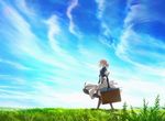  blonde_hair blue_eyes boots braid case day dress grass hair_ribbon highres key_visual official_art outdoors ribbon scenery short_hair sky solo suitcase umbrella violet_evergarden violet_evergarden_(character) 