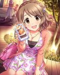  bracelet braid breasts brown_eyes brown_hair cellphone cleavage food french_braid fruit hair_ornament idolmaster idolmaster_cinderella_girls jewelry large_breasts multiple_girls necklace official_art pancake phone pink_bag short_hair strawberry thighhighs tsukimiya_miyabi 