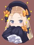  abigail_williams_(fate/grand_order) akai_ronii bangs black_bow black_dress black_hat blonde_hair blue_eyes bow brown_background commentary_request covering_mouth dress fate/grand_order fate_(series) forehead hair_bow hat long_hair long_sleeves looking_at_viewer orange_bow parted_bangs polka_dot polka_dot_bow simple_background sleeves_past_fingers sleeves_past_wrists solo sparkle 