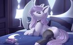  2017 absurd_res anus bed butt clothing cutie_mark ear_piercing english_text equine evehly female feral fleur_de_lis_(mlp) friendship_is_magic gift hair half-closed_eyes hi_res hooves horn lamp legwear long_hair looking_at_viewer mammal my_little_pony on_bed piercing pussy solo text unicorn 